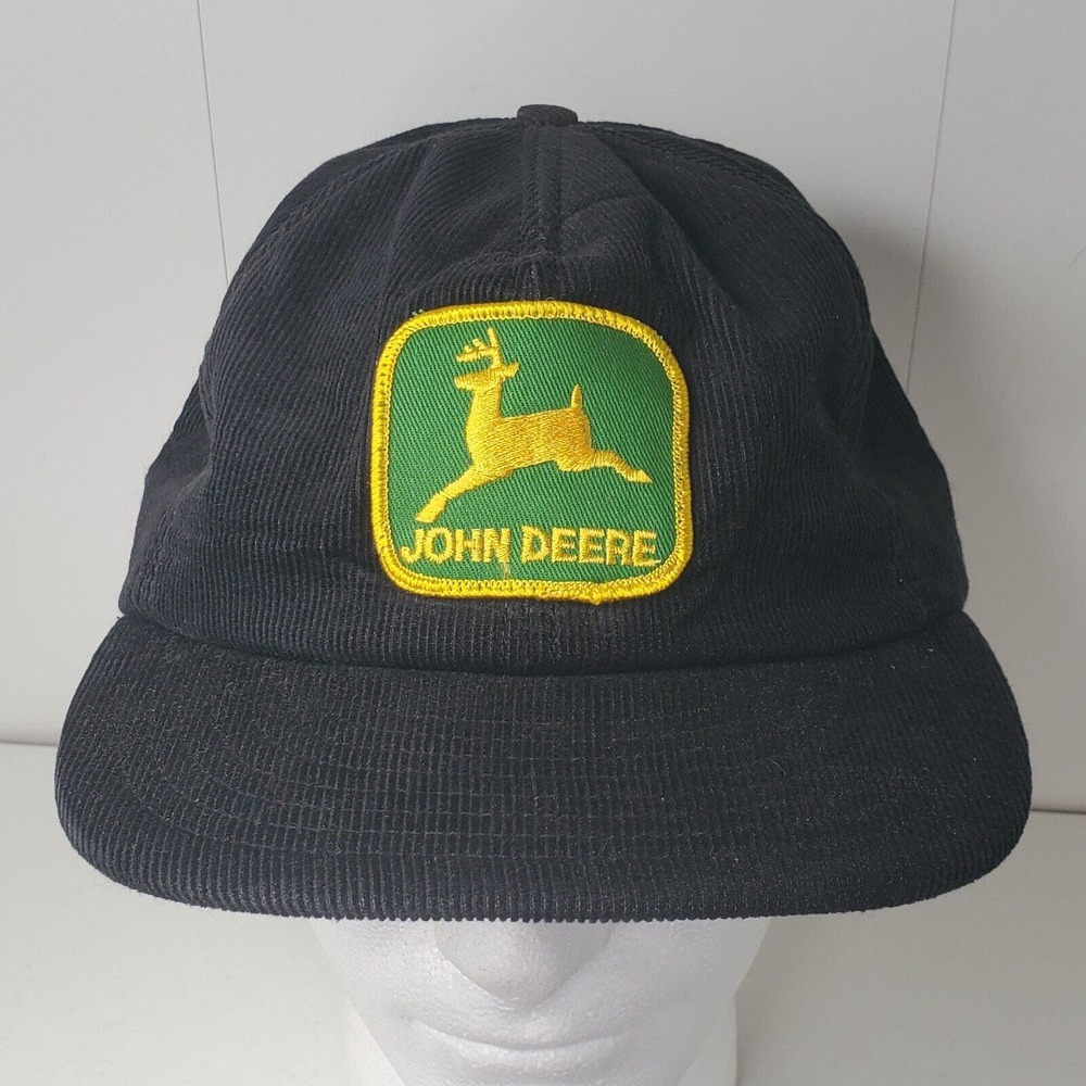 VTG John Deere Hat Cap Patch Black Full Foam Snapback Louisville USA Corduroy